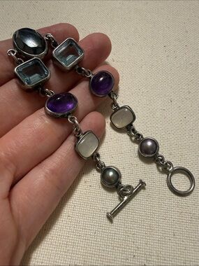 Sterling Silver 925 unmarked tested Gemstone Link Bracelet 7.5 in